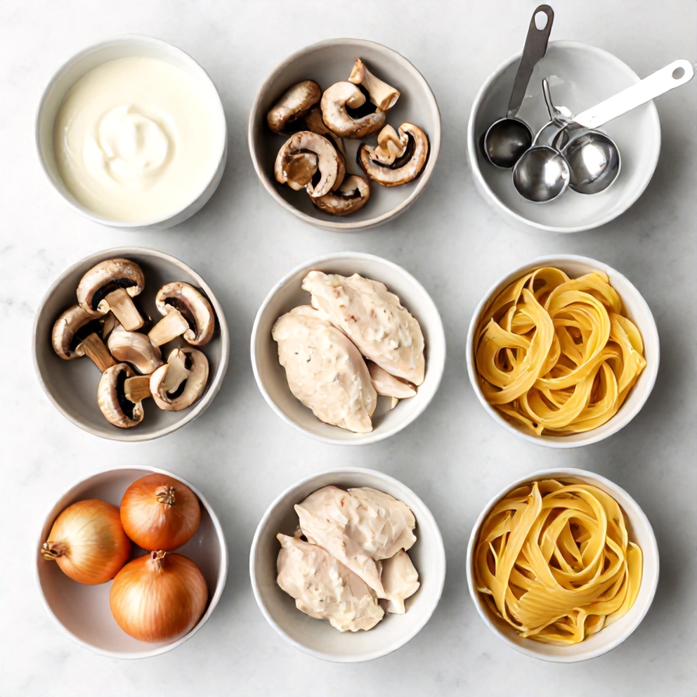 Raw ingredients for Creamy Baked Chicken Tetrazzini Pasta Casserole