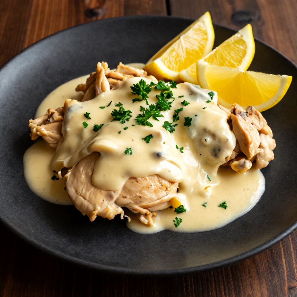 Plated serving of Creamy Baked Lemon Butter Chicken