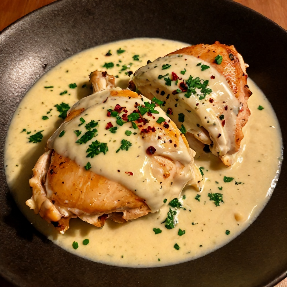 Plated Creamy Boursin Chicken with parsley garnish