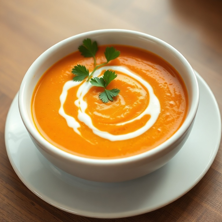 One serving of creamy carrot ginger soup in a shallow white bowl topped with fresh cilantro and a drizzle of coconut milk, close-cropped, warm side light showing the soup’s smooth texture.