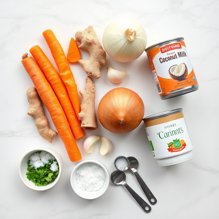 Overhead flat lay featuring fresh carrots, ginger root, onion, garlic, and a can of coconut milk, with small prep bowls, measuring cups, and bright lighting on a white marble surface.