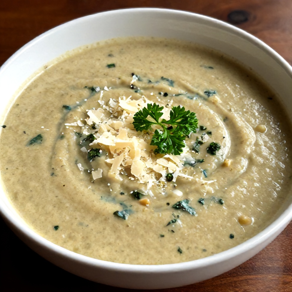 Creamy Cauliflower Sausage Kale Soup Served