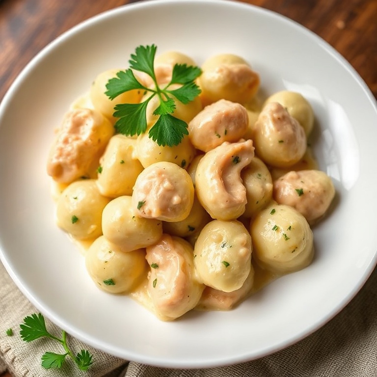 Creamy Chicken Gnocchi plated on a white bowl. Garnished with fresh parsley. Warm side lighting highlights texture.