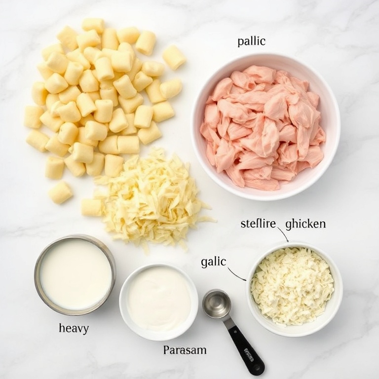 Fresh gnocchi, shredded chicken, heavy cream, garlic, and Parmesan on a white marble surface. Measuring spoons and bowls visible.
