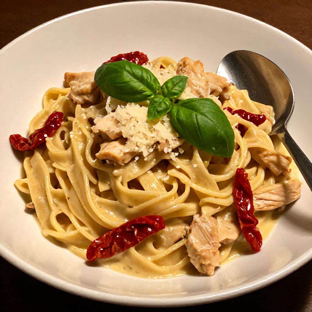 Plated Creamy Chicken Pasta with Sun-Dried Tomatoes