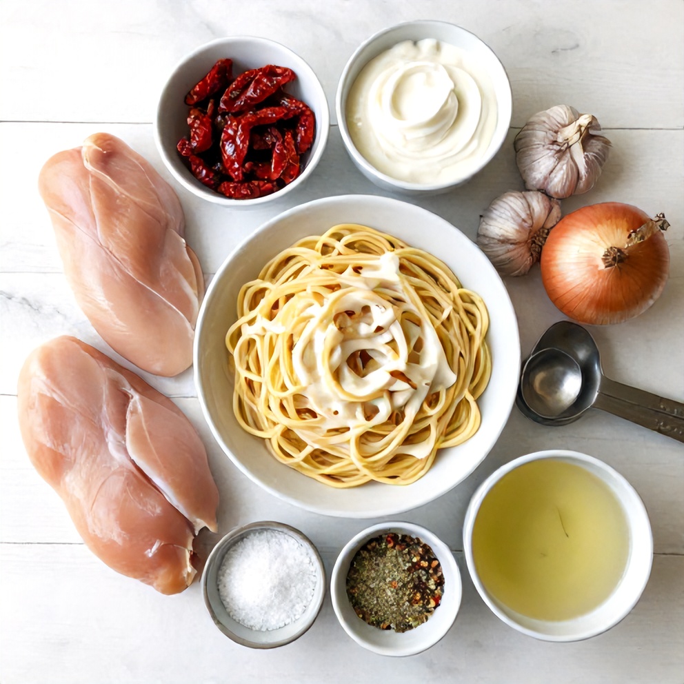 Raw Ingredients for Creamy Chicken Pasta with Sun-Dried Tomatoes