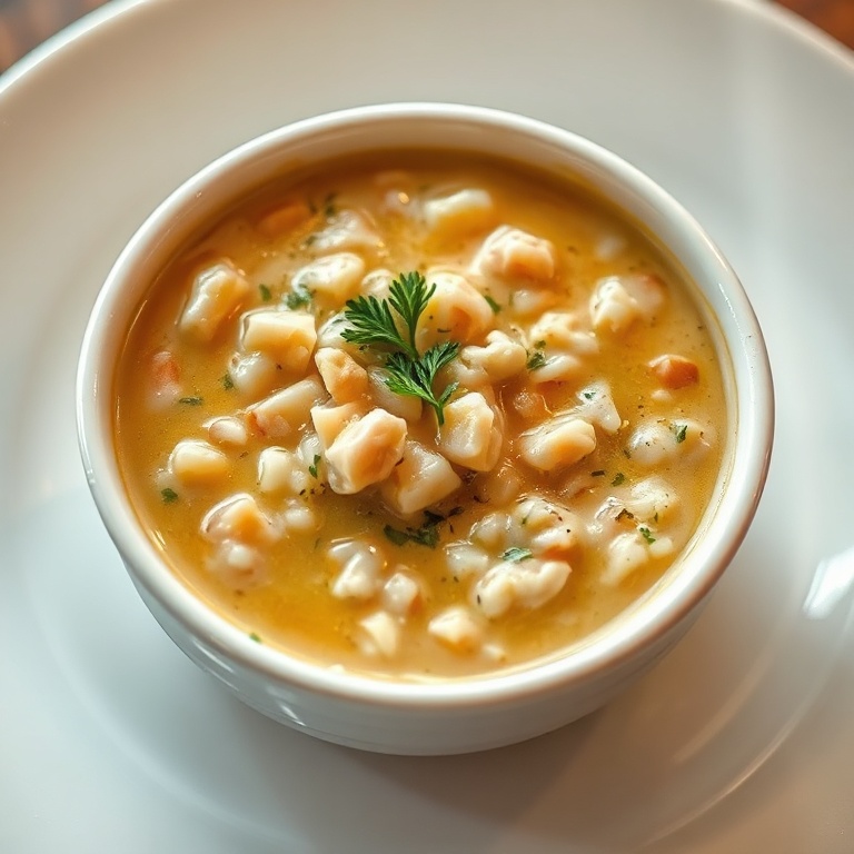 A single bowl of creamy chicken wild rice soup with a sprinkle of parsley on top. The soup has a rich, creamy texture and golden broth.