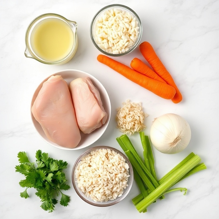Raw ingredients for creamy chicken wild rice soup. Chicken thighs, wild rice, onion, carrot, celery, garlic, and thyme. Measuring cups and bowls on a white marble surface.