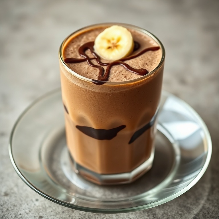 A creamy chocolate banana smoothie in a glass with a chocolate drizzle and banana slice on top