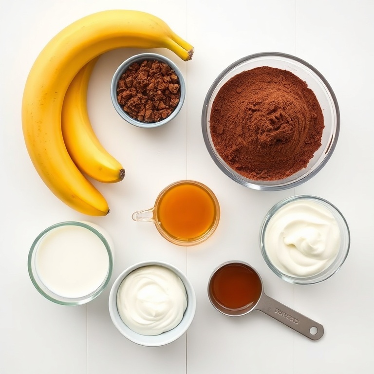 All the ingredients for a creamy chocolate banana smoothie arranged on a white surface