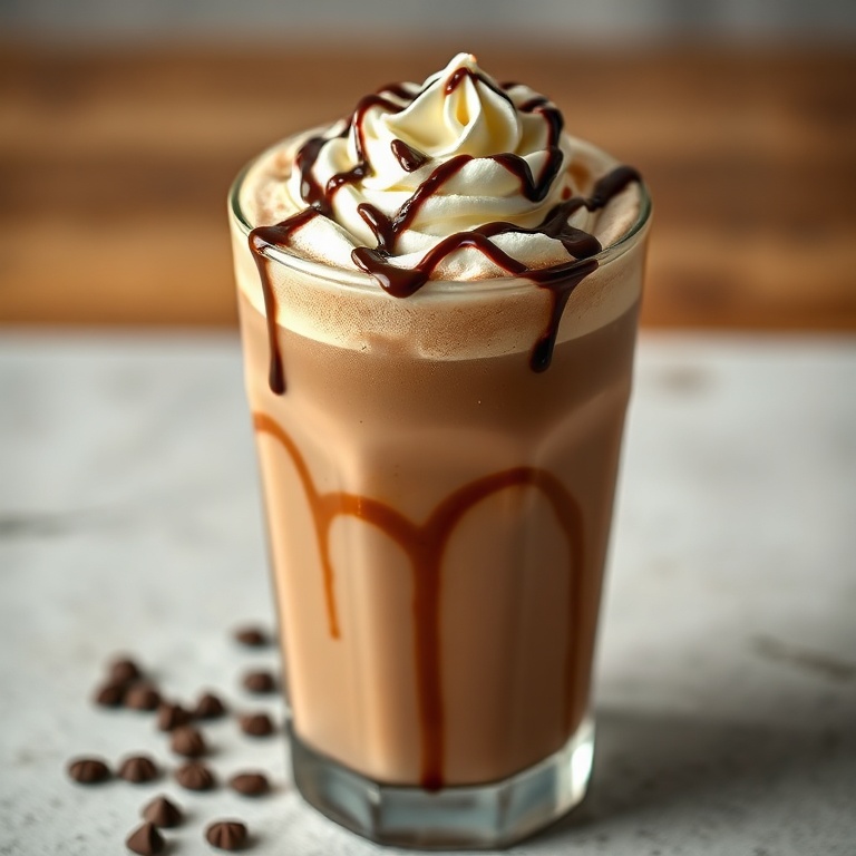 A creamy chocolate coffee shake in a glass with a chocolate drizzle and whipped cream on top