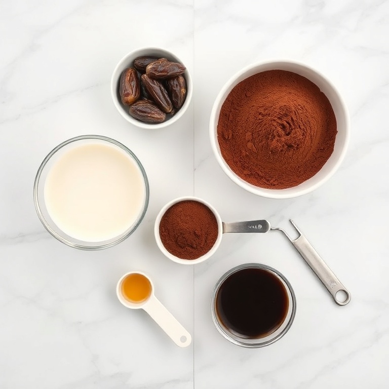 Raw ingredients for a creamy chocolate coffee shake including dates, coconut milk, cocoa powder, coffee, and vanilla extract