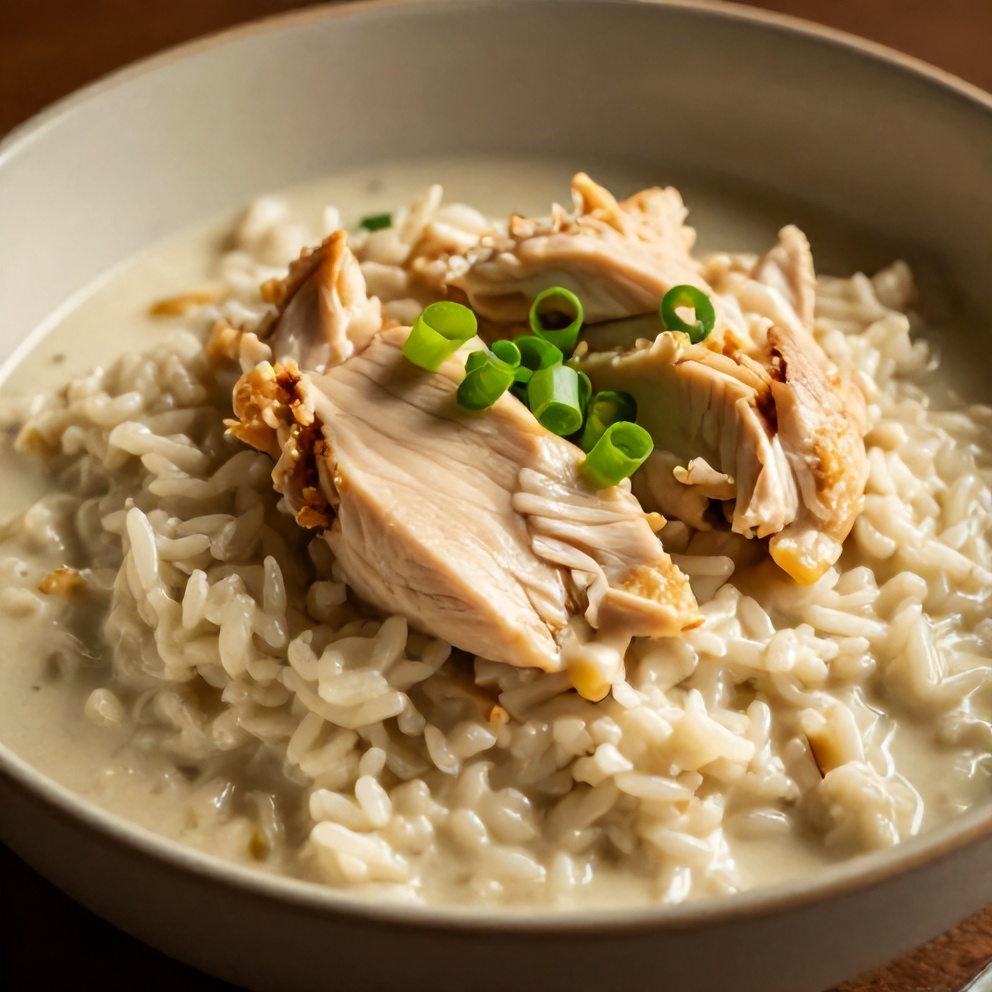 Creamy Coconut Chicken Brothy Rice plated on a shallow bowl, garnished with green onions, filling the frame with warm side lighting