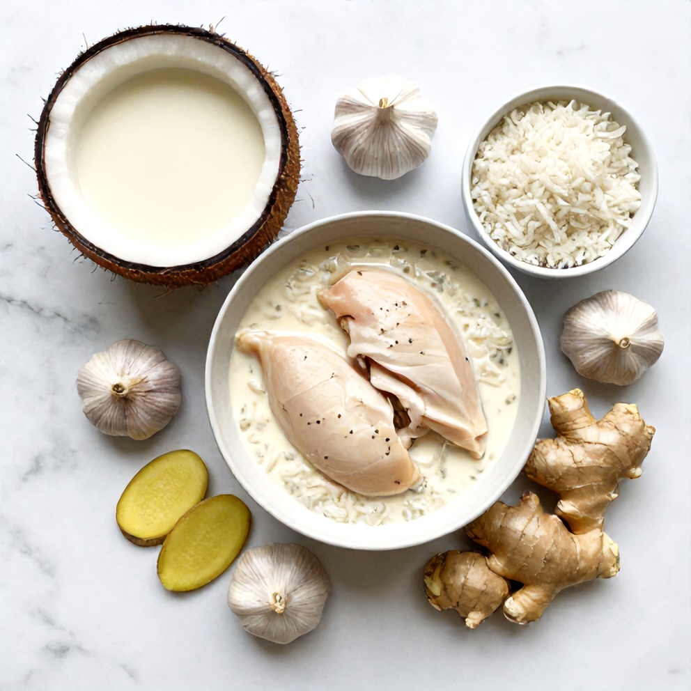 Overhead flat lay of coconut milk, chicken breasts, rice, garlic, ginger, and other ingredients for Creamy Coconut Chicken Brothy Rice on a white marble surface.
