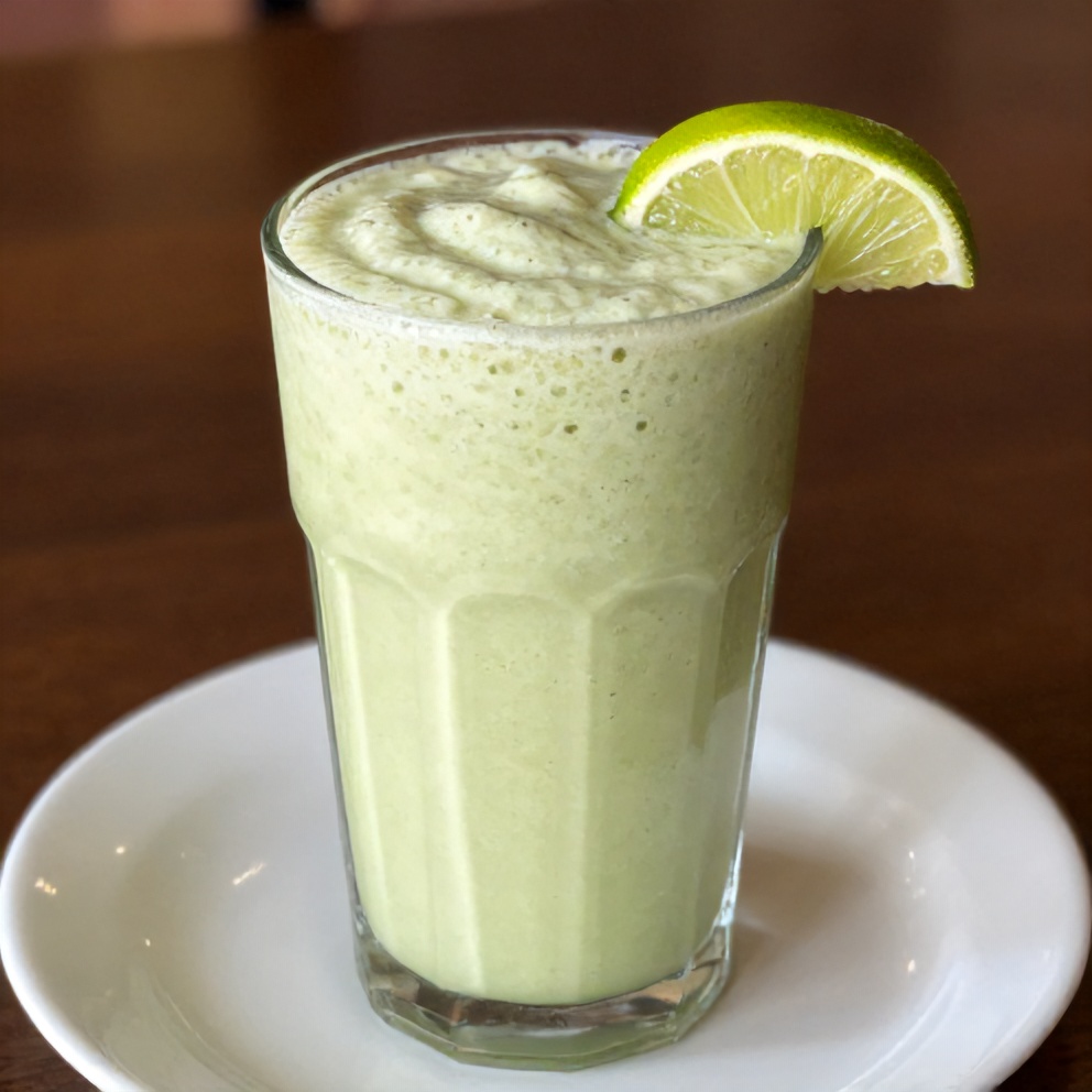 Coconut Key Lime Pie Smoothie in a glass with a lime wedge