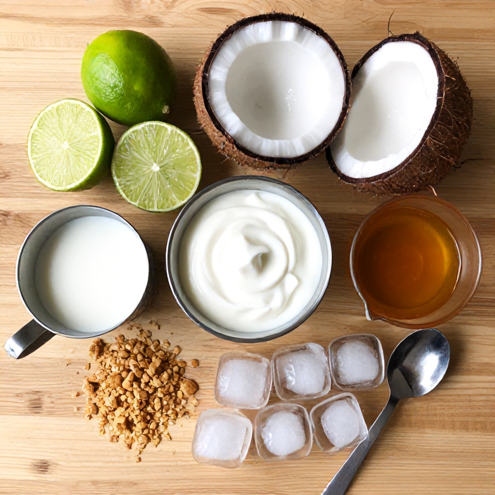 Raw ingredients for Coconut Key Lime Pie Smoothie on a wooden surface