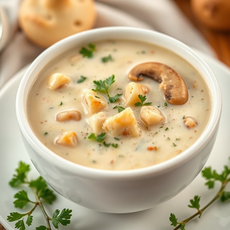 A single serving of creamy cottage cheese mushroom soup topped with chopped parsley in a white ceramic bowl, creamy texture visible and warm light emphasizing details.