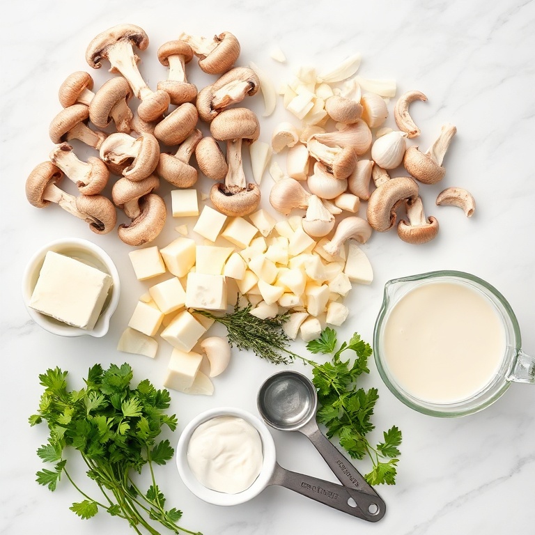 Overhead view of fresh mushrooms, cottage cheese, onions, garlic, parsley, broth, and butter arranged with measuring spoons on a marble surface.