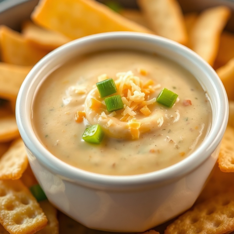 A single serving of creamy queso dip in a white ceramic bowl. Topped with green onions and a sprinkle of cheese.