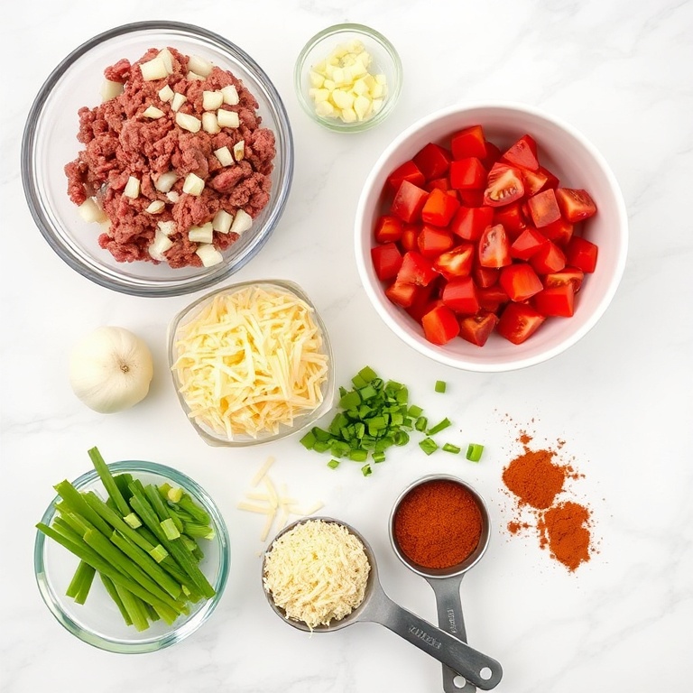 All the raw ingredients for creamy cowboy queso dip: ground beef, onion, garlic, diced tomatoes, shredded cheese, green onions, and chili powder.