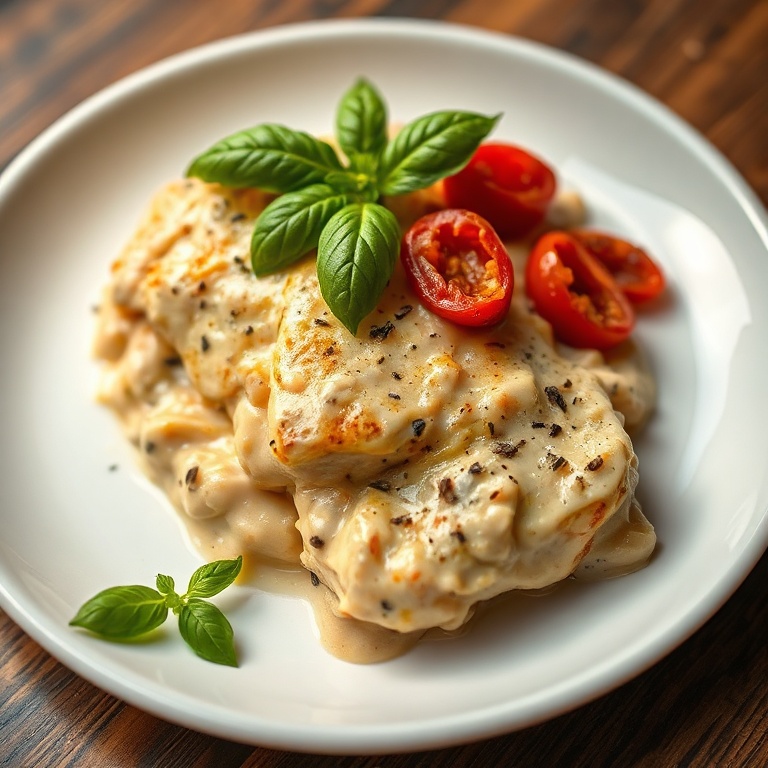 Serving of creamy chicken with parmesan and sun-dried tomatoes. Garnished with fresh basil on a white plate.