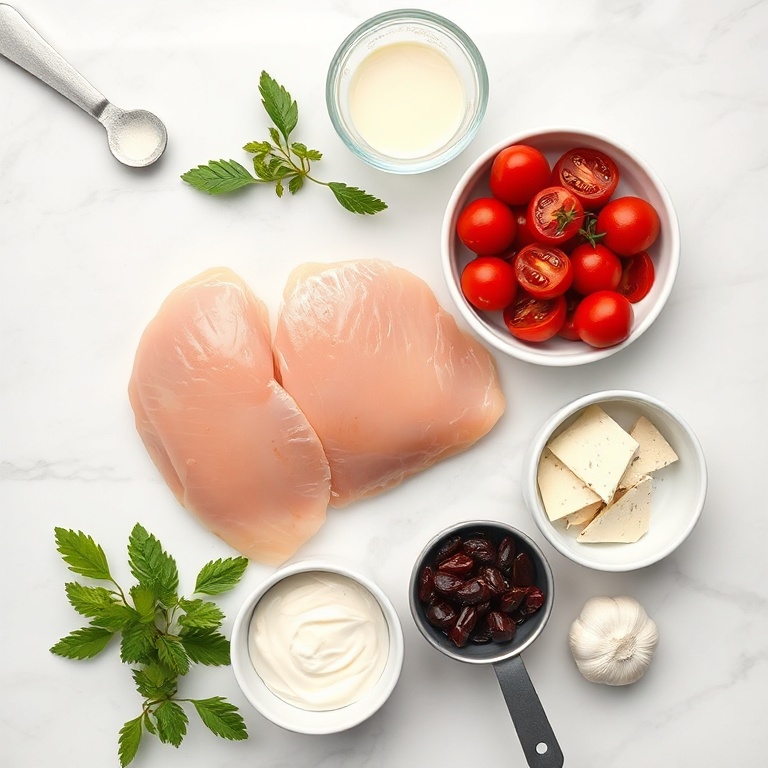 Fresh chicken breast, sun-dried tomatoes, parmesan cheese, heavy cream, and garlic in a flat lay. Measuring cups and bowls nearby.