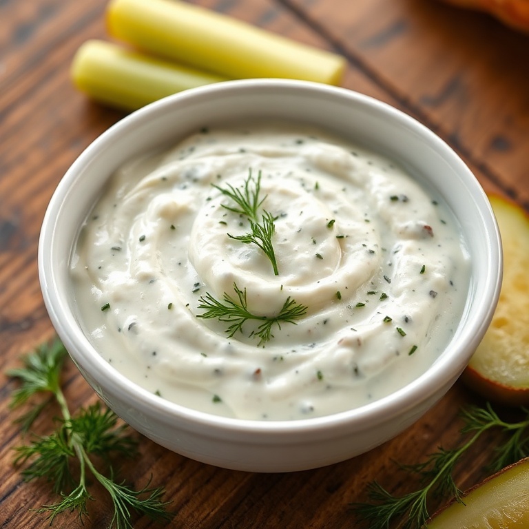 Creamy Dill Pickle Ranch in a white bowl with a sprinkle of fresh dill. Tangy and creamy on a wooden table.
