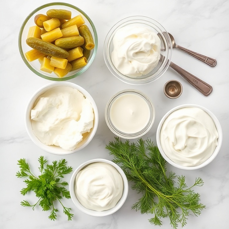 Raw ingredients for Creamy Dill Pickle Ranch: cottage cheese, dill pickles, mayo, sour cream, and fresh dill.