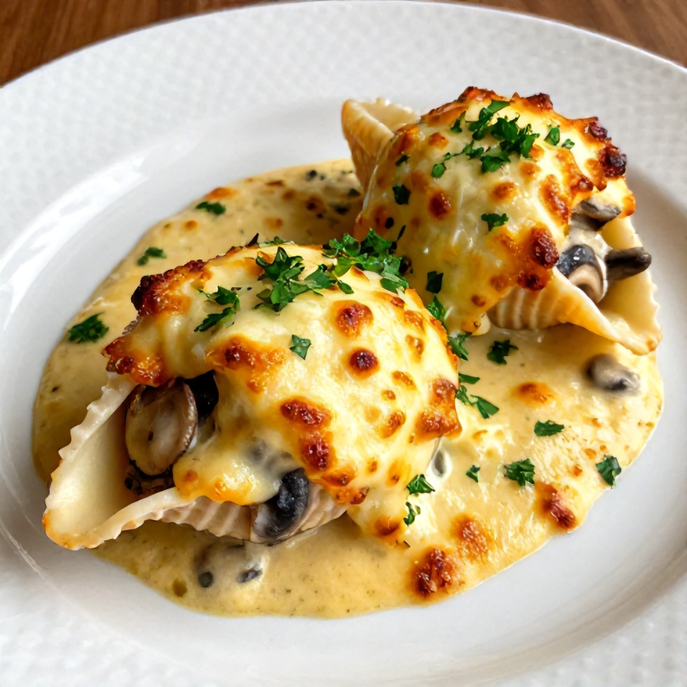 Plated Garlic Mushroom Stuffed Shells with parsley garnish
