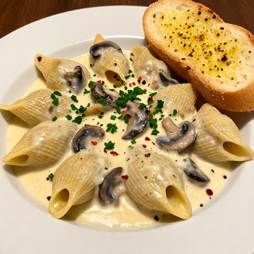 Plated Creamy Garlic Mushroom Stuffed Shells with a side of garlic bread, ready to serve