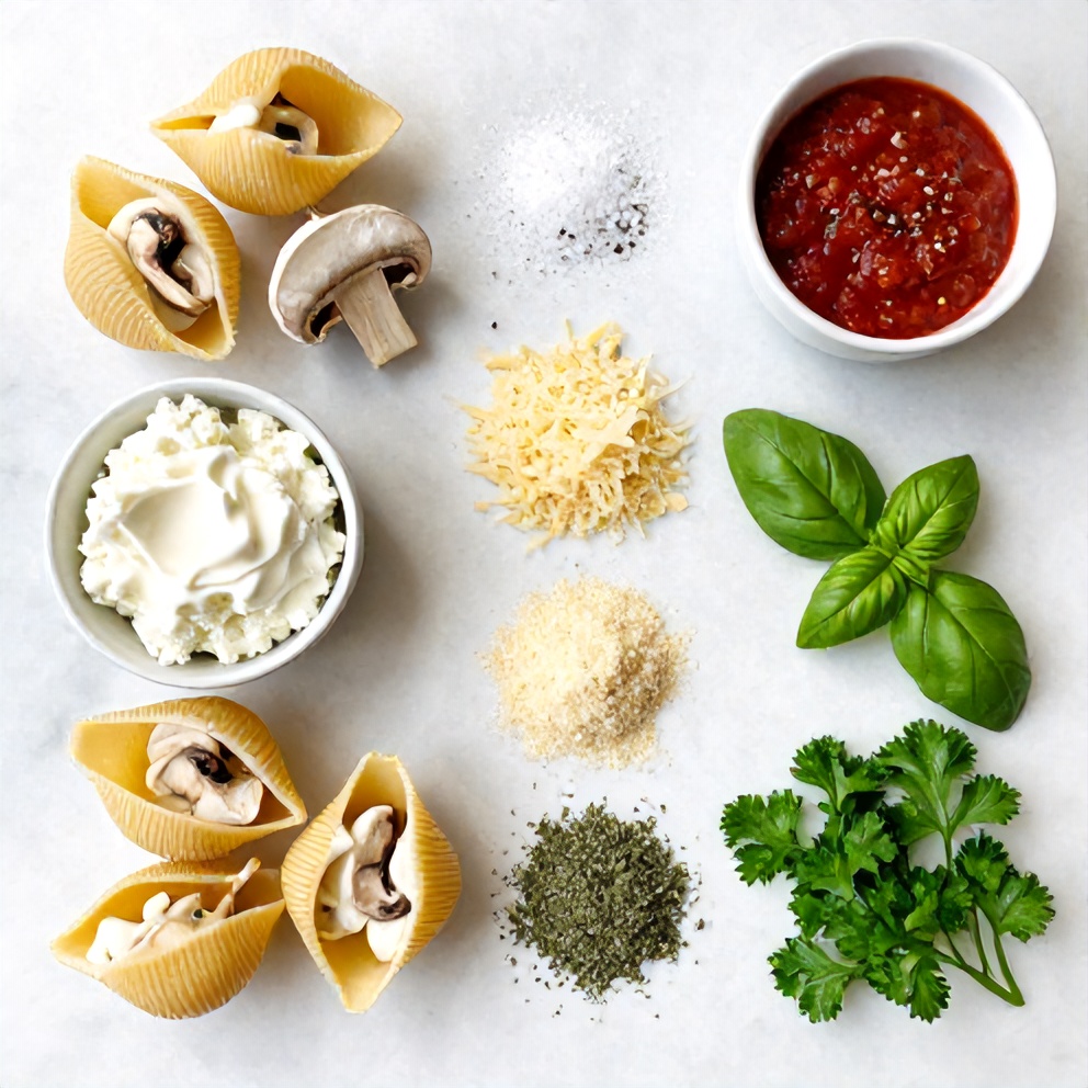 Raw ingredients for Garlic Mushroom Stuffed Shells on a marble surface