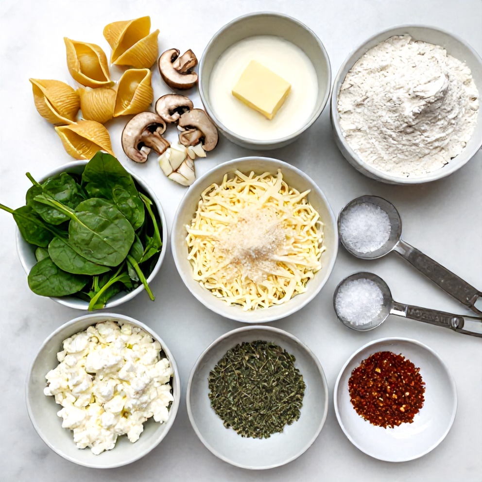Raw ingredients for Creamy Garlic Mushroom Stuffed Shells: shells, mushrooms, garlic, spinach, ricotta, mozzarella, parmesan, heavy cream, butter, flour, and seasonings