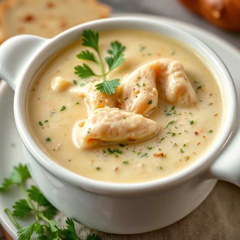 Creamy Garlic Parmesan Chicken Soup in a white ceramic bowl. Garnished with fresh parsley and parmesan. Warm side lighting shows texture and depth.