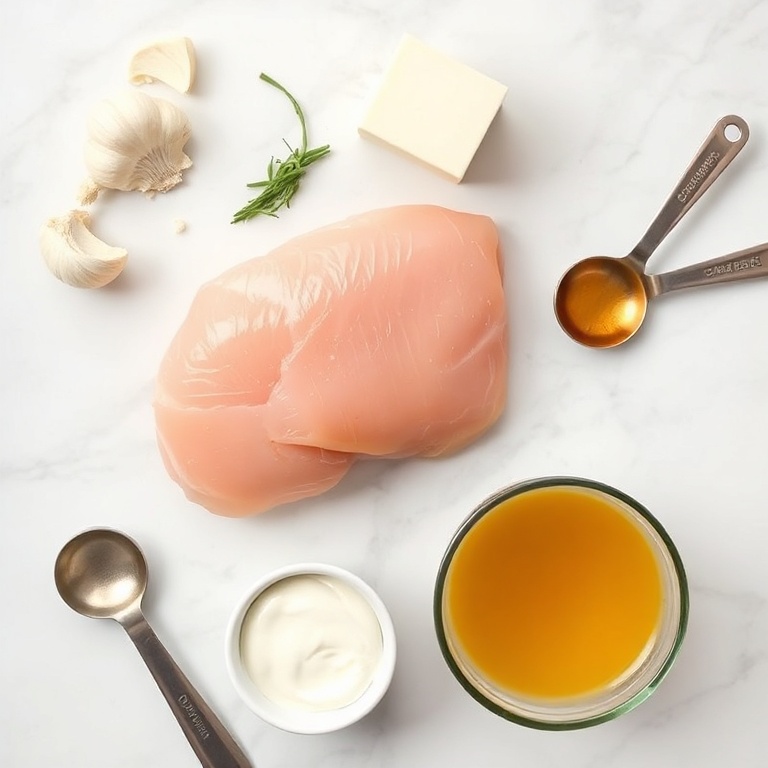 Chicken breast, garlic, parmesan cheese, heavy cream, and chicken broth arranged in an overhead flat lay. Measuring spoons and bowls visible. White marble surface.