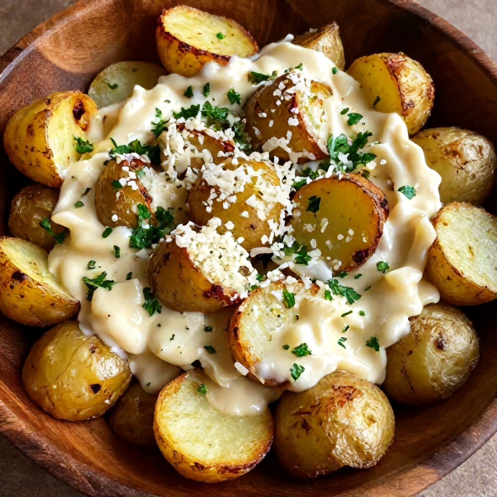 Plated serving of Creamy Garlic Skillet Potatoes with crispy edges and creamy garlic centers