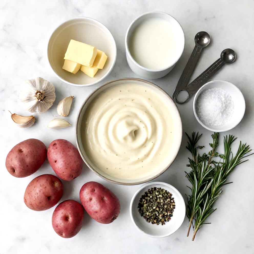 Raw ingredients for Creamy Garlic Skillet Potatoes including potatoes, garlic, butter, milk, and seasonings