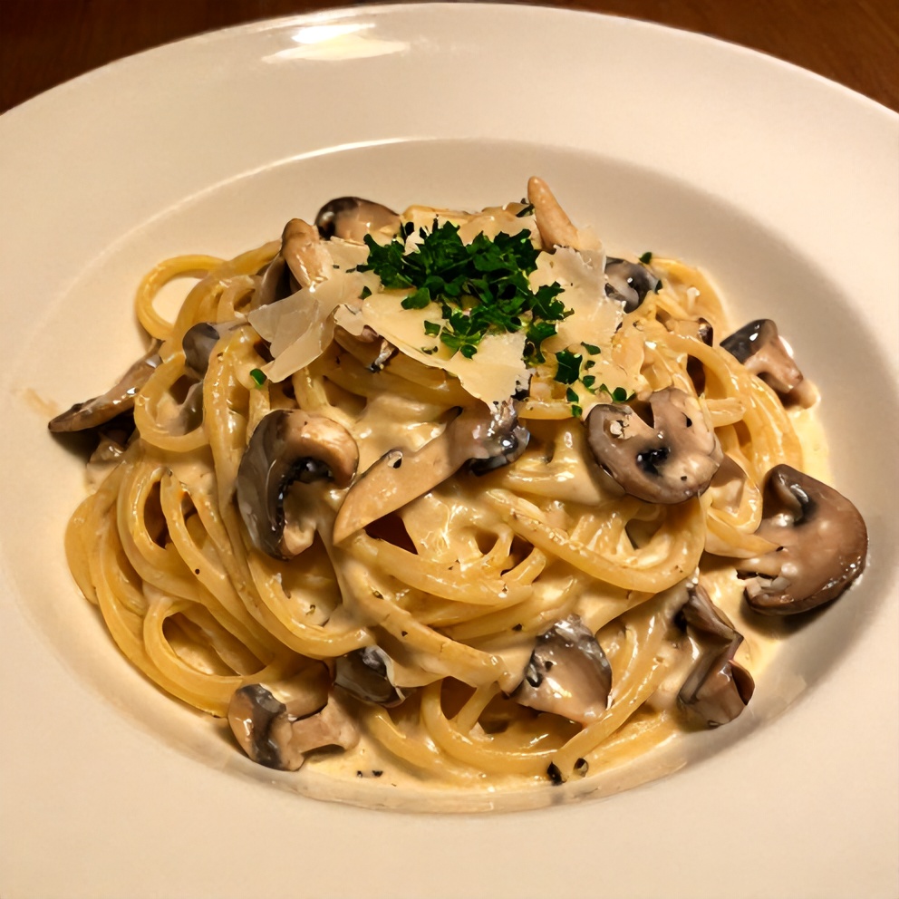 Pasta with Gorgonzola Truffle Mushroom Sauce plated