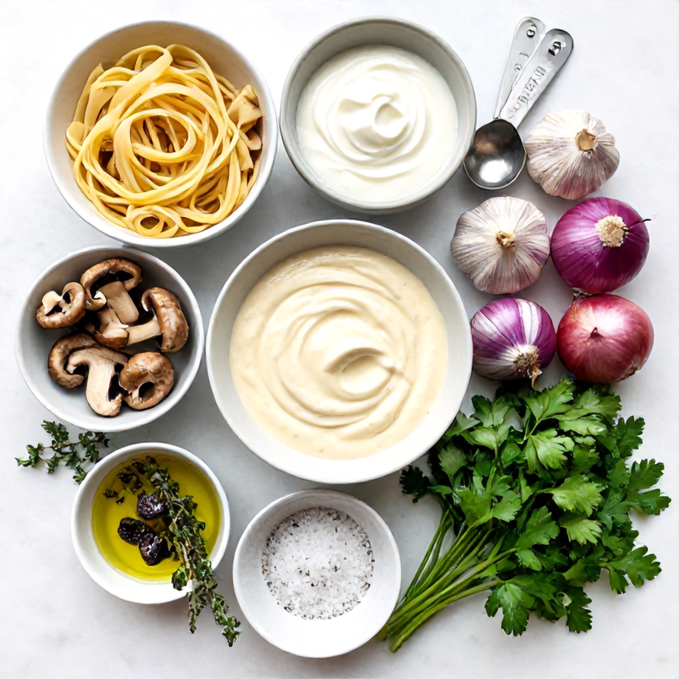 Raw ingredients for Gorgonzola Truffle Mushroom Sauce laid out