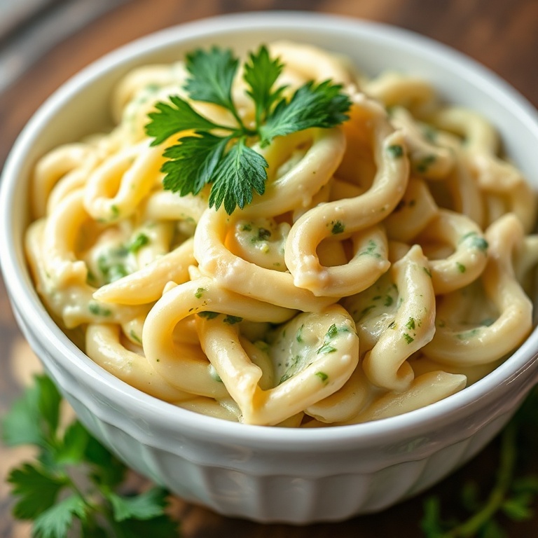 Creamy Green Goddess Pasta Salad in a white ceramic bowl with fresh parsley on top.