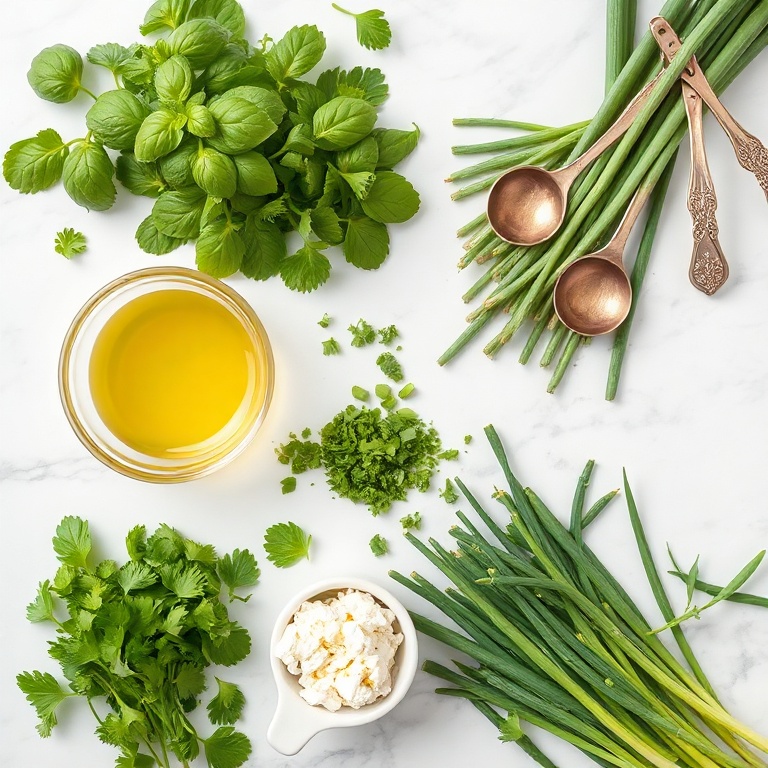 Fresh basil, parsley, green onions, olive oil, and crumbled feta on a white marble surface.