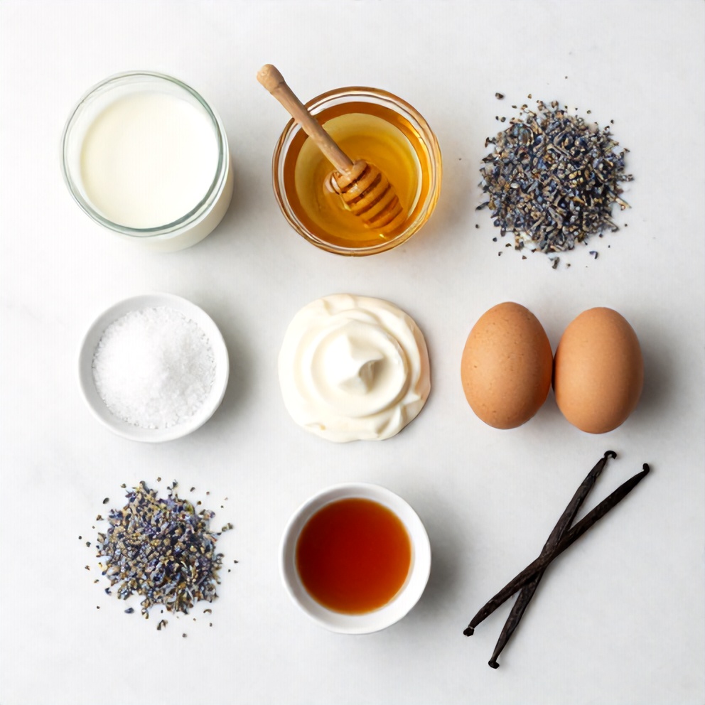 Raw ingredients for Honey Lavender Ice Cream arranged in a flat lay