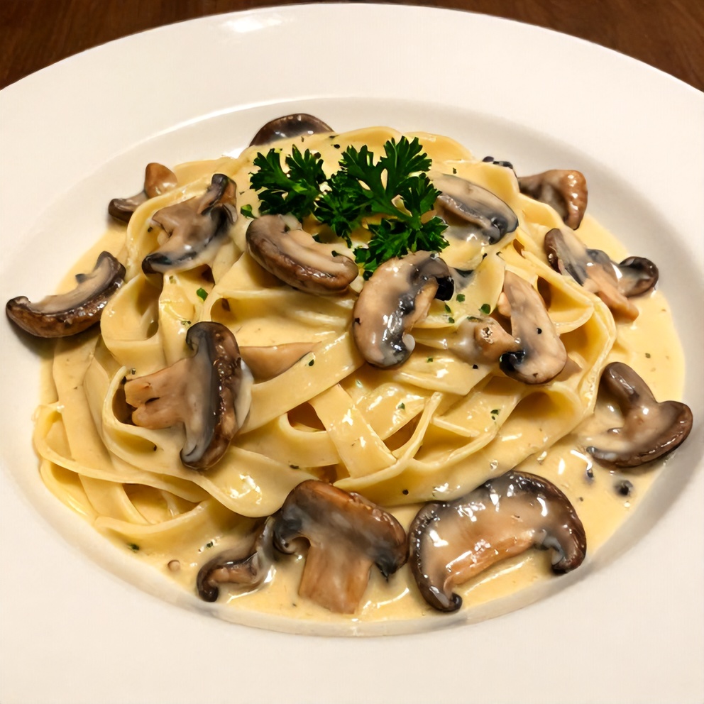 Plated Italian Mushroom Carbonara with parsley garnish