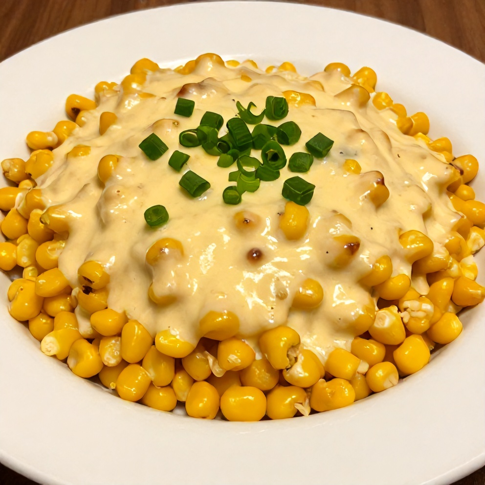 A plated serving of Creamy Jalapeño Popper Corn Casserole on a white plate, garnished with chopped green onions, with warm side lighting highlighting the texture.