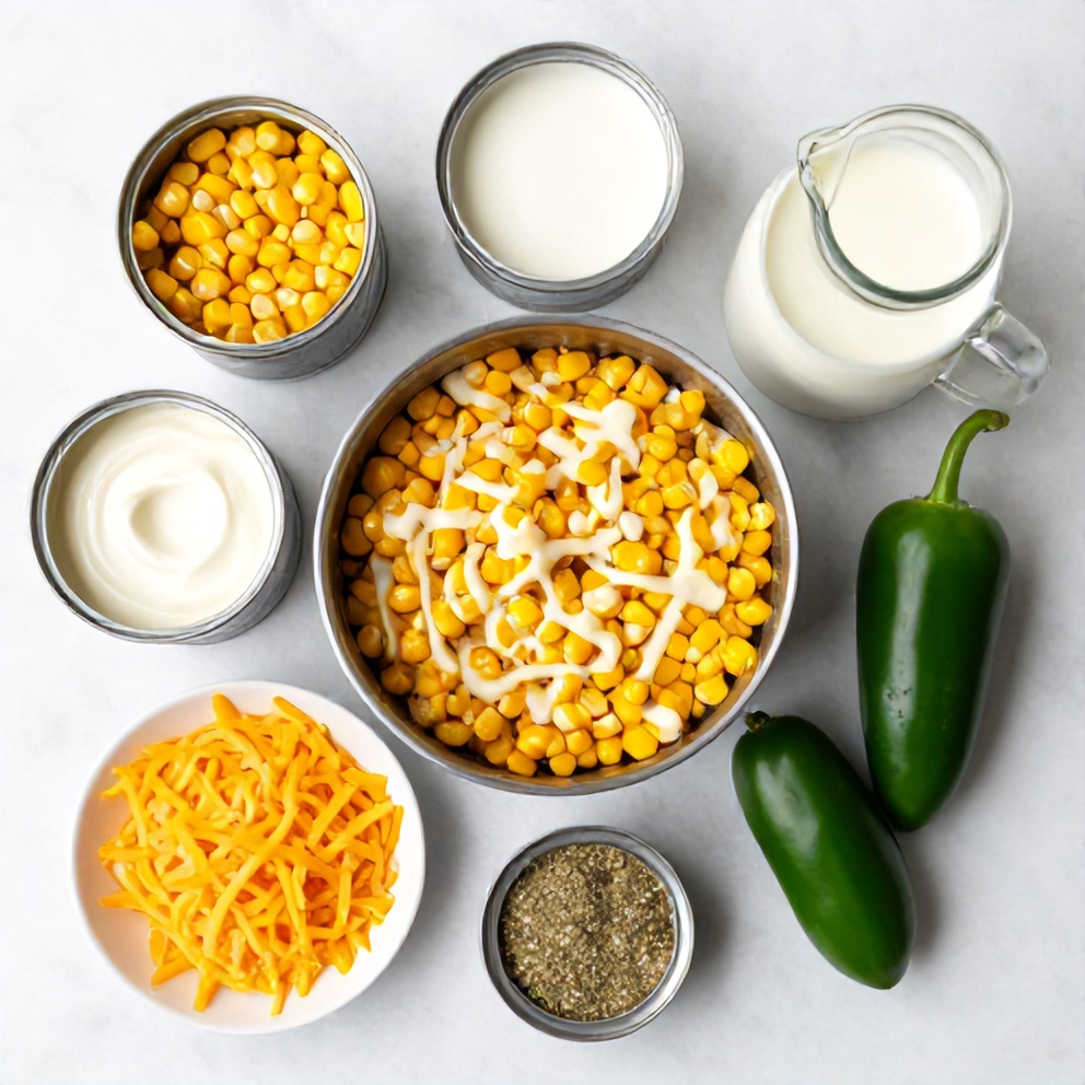 Raw ingredients for Creamy Jalapeño Popper Corn Casserole in an overhead flat lay, including jalapeños, corn, cream cheese, and shredded cheese on a white marble surface.