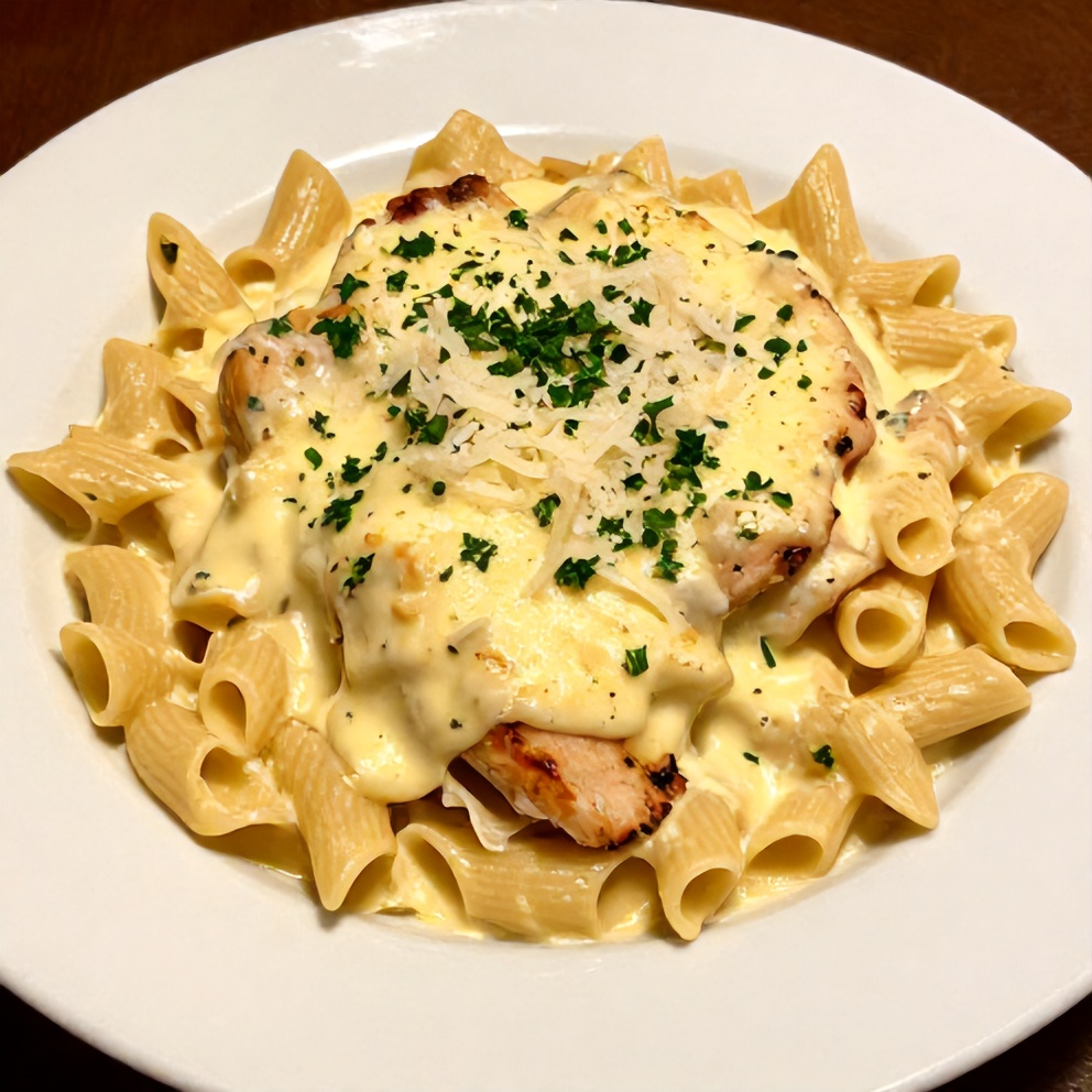 Plated serving of Creamy Lemon Chicken Pasta Bake on a white plate