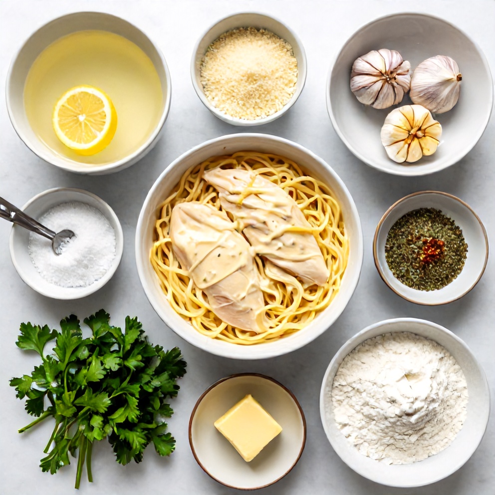 Raw ingredients for Creamy Lemon Chicken Pasta Bake on a white marble surface
