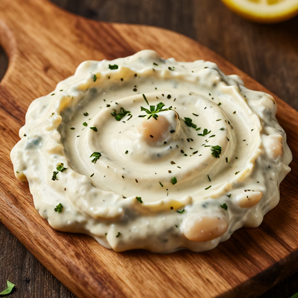 One perfect serving of Creamy Lemon Herb White Bean Dip plated on a rustic wooden board, garnished with fresh herbs. Close crop, warm side lighting highlighting the creamy texture.