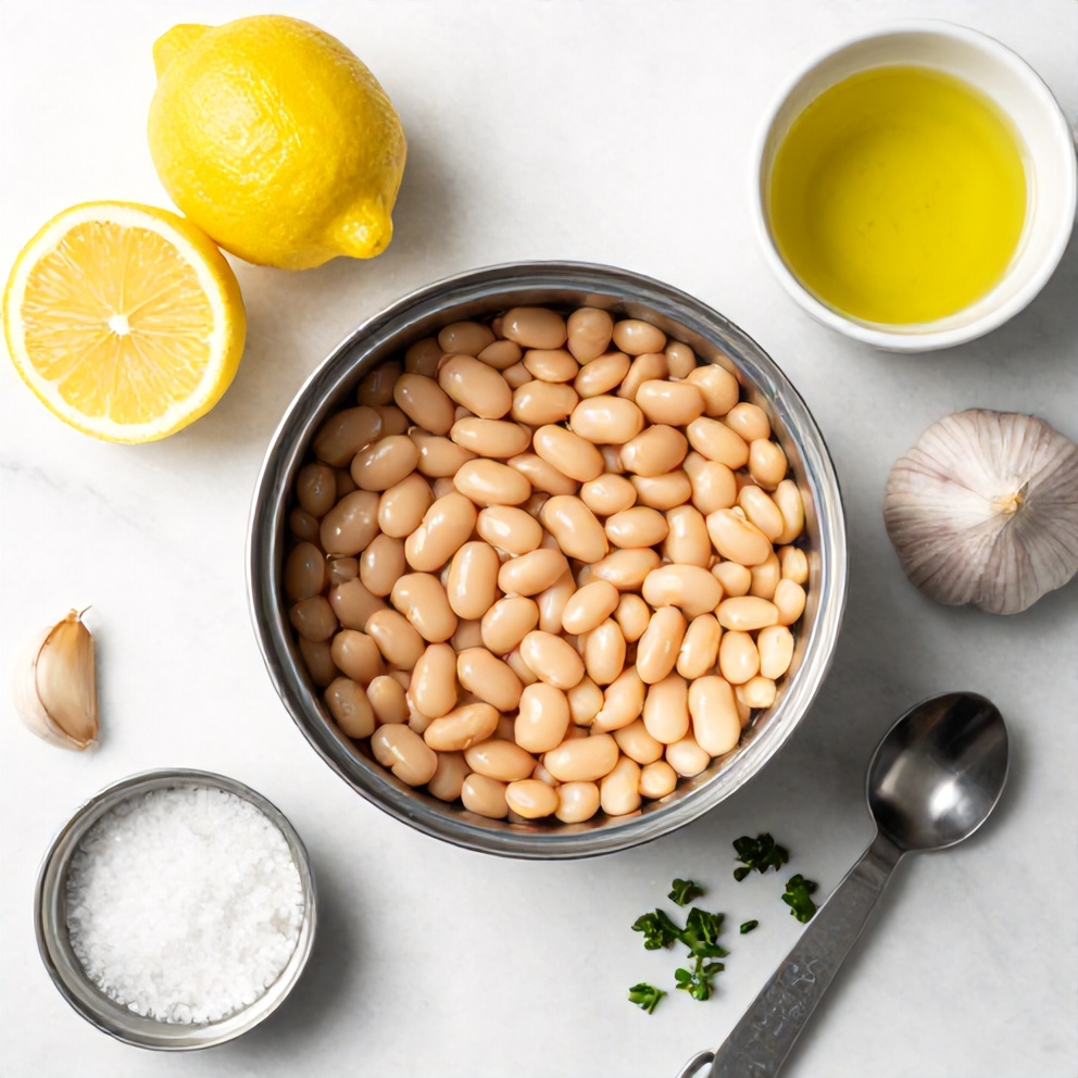 Overhead flat lay of canned white beans, lemon, garlic, olive oil, salt, and fresh herbs. Prep bowls and measuring spoons visible on a white marble surface.