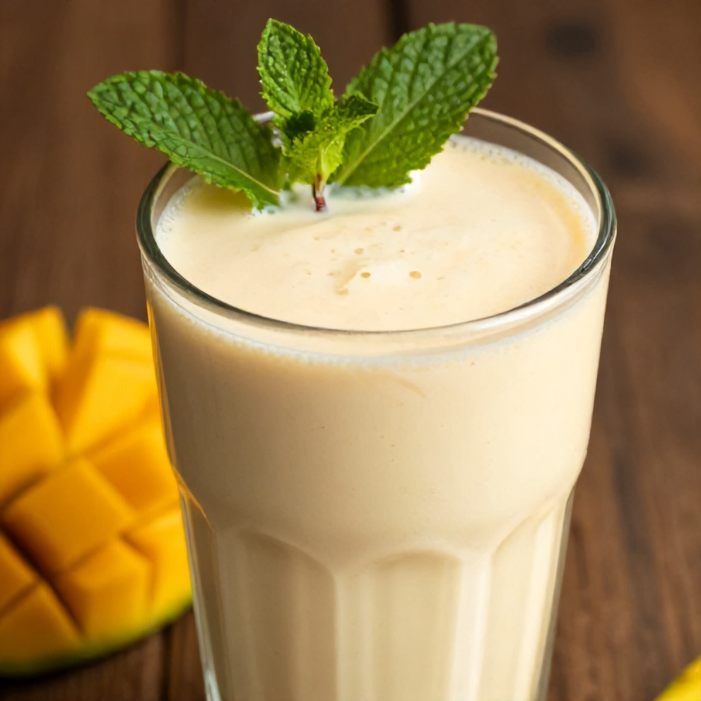 Mango Coconut Protein Shake garnished with mint leaves