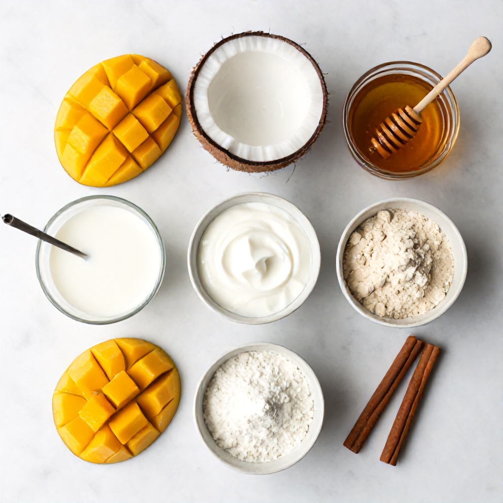Raw ingredients for Mango Coconut Protein Shake on a marble surface
